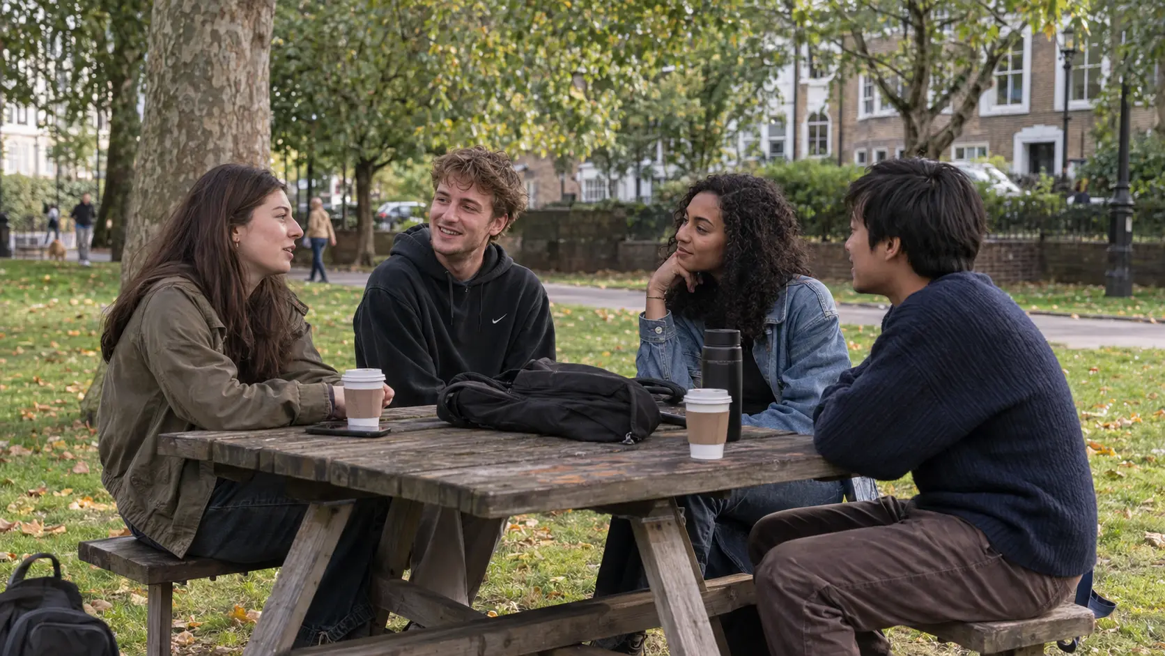 Four young adults talking around a picnic table in a London park