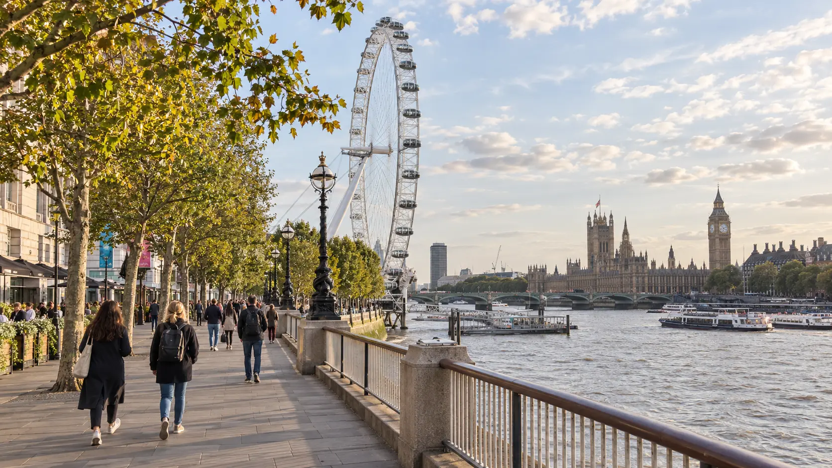 People walking along the South Bank beside the Thames, with the London Eye and Westminster beyond